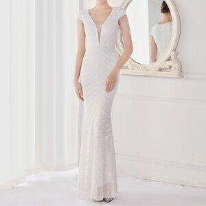 Women's V Neck Maxi Evening Gown Party Wedding Dress M